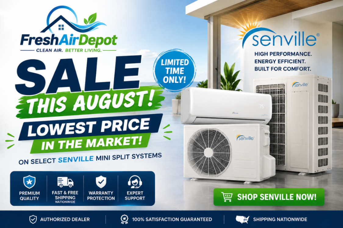 Promotional advertisement for Senville mini split systems by FreshAirDepot, featuring outdoor and indoor wall-mounted air conditioners in a bright modern room setting. The ad includes large sale text, logos for both brands, feature icons, and a shopping button.